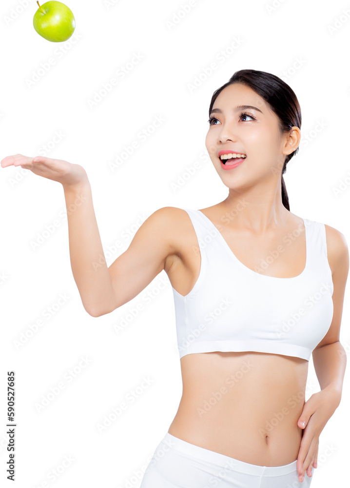 Portrait asian woman smiling throw green apple fruit and beautiful body diet with fit, girl weight slim with cellulite or calories, health and wellness concept. Portrait asian woman smiling throw green apple fruit and beautiful body diet with fit, girl weight slim with cellulite or calories, health and wellness concept.