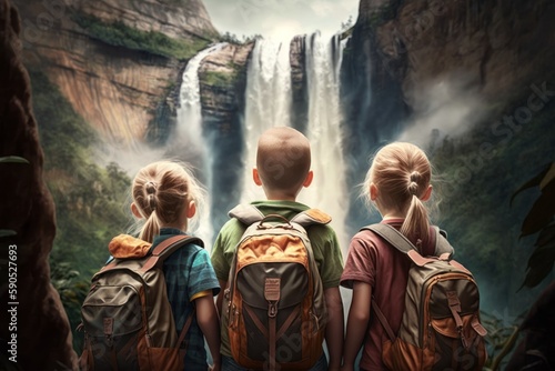Wallpaper Mural Group of kids with backpacks standing in front of a waterfall. Generative AI Torontodigital.ca