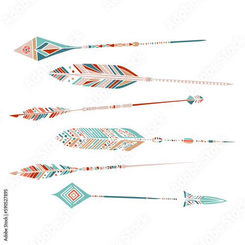 Set of six boho arrows, ethnic ornaments, colored illustration