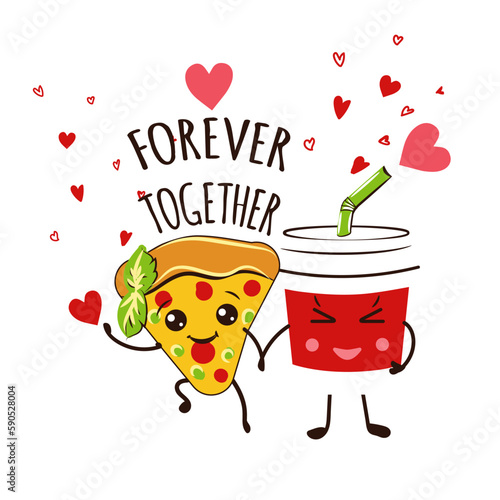 Cute vector illustration pizza and soda cup, love card, apparel print, menu