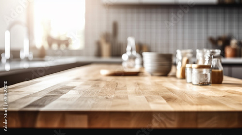 Empty wooden kitchen countertop with copy space over kitchen background.for product display montage. AI Generation.