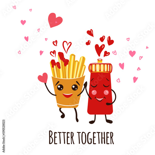 Cute vector illustration fry potato and ketchup, love card, apparel print, menu