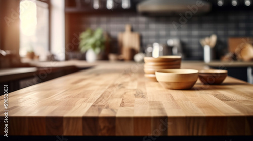 Empty wooden kitchen countertop with copy space over kitchen background.for product display montage. AI Generation.