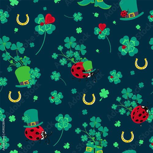 Cute vector St Patrick's pattern with red lady bug, green clover and hats