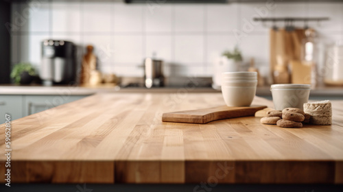 Empty wooden kitchen countertop with copy space over kitchen background.for product display montage. AI Generation.