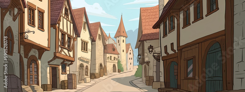 streetview of a medieval town in cartoon style, generative ai photo