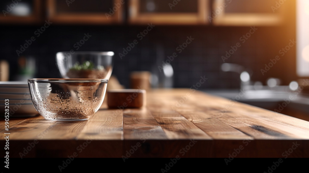 Empty wooden kitchen countertop with copy space over kitchen background.for product display montage. AI Generation. Empty wooden kitchen countertop with copy space over kitchen background.for product display montage. AI Generation.