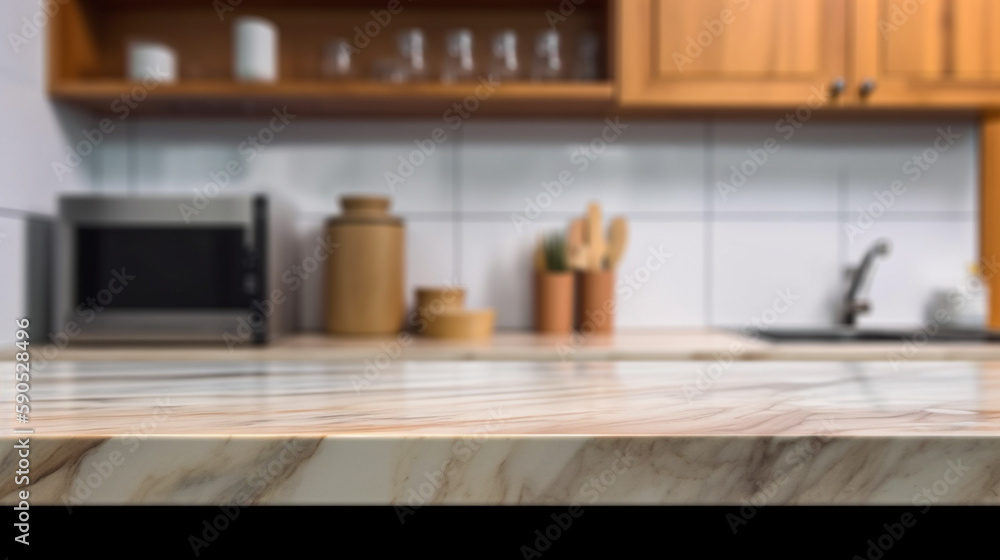Empty marble countertop kitchen with copy space over kitchen background.for product display montage. AI generation. Empty marble countertop kitchen with copy space over kitchen background.for product display montage. AI generation.