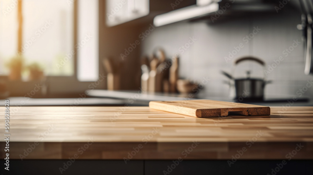 Empty wooden kitchen countertop with copy space over kitchen background.for product display montage. AI Generation. Empty wooden kitchen countertop with copy space over kitchen background.for product display montage. AI Generation.
