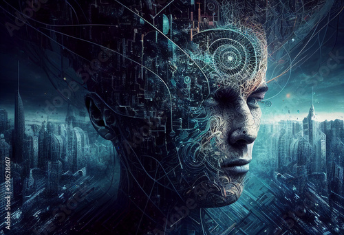 Artificial intellect wallpaper illustration. Future and technology. Cyberpunk urban Neural networks progress and innovations.