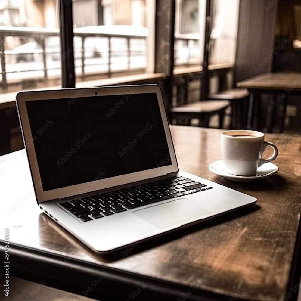 Laptop with blank screen on table Laptop with blank screen on table