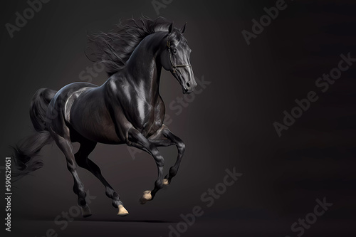 Black horse on a dark background. Horse. Banner. Generative AI