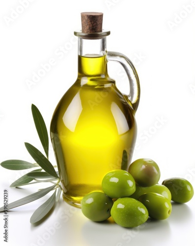 A bottle of olive oil with green olives on the side, white background.