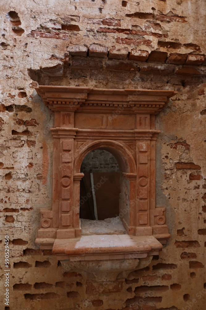 Castano del Robledo, Huelva, Spain, April 2, 2023: Model of the door inside the unfinished Church (18th century) of Castano del Robledo, Huelva. Spain