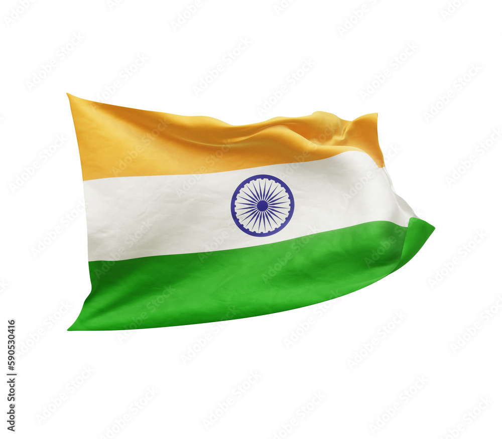 Waving flag of India isolated on transparent background. 3D rendering
