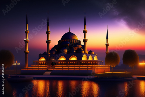 A blue mosque in the evening with a purple sky and the moon behind it. Generative Ai