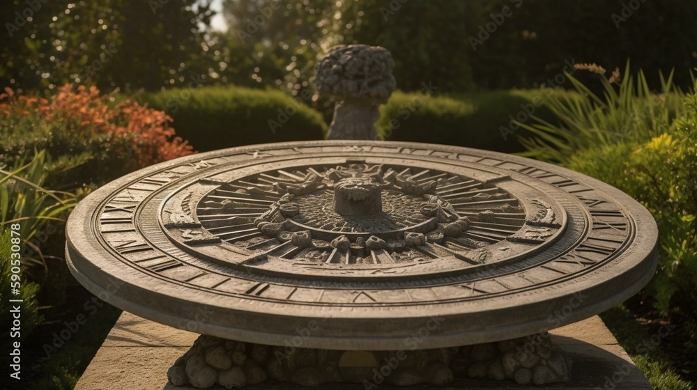 A beautiful sundial with intricate carvings and Roman numerals, set against a backdrop of a serene garden. Generative AI