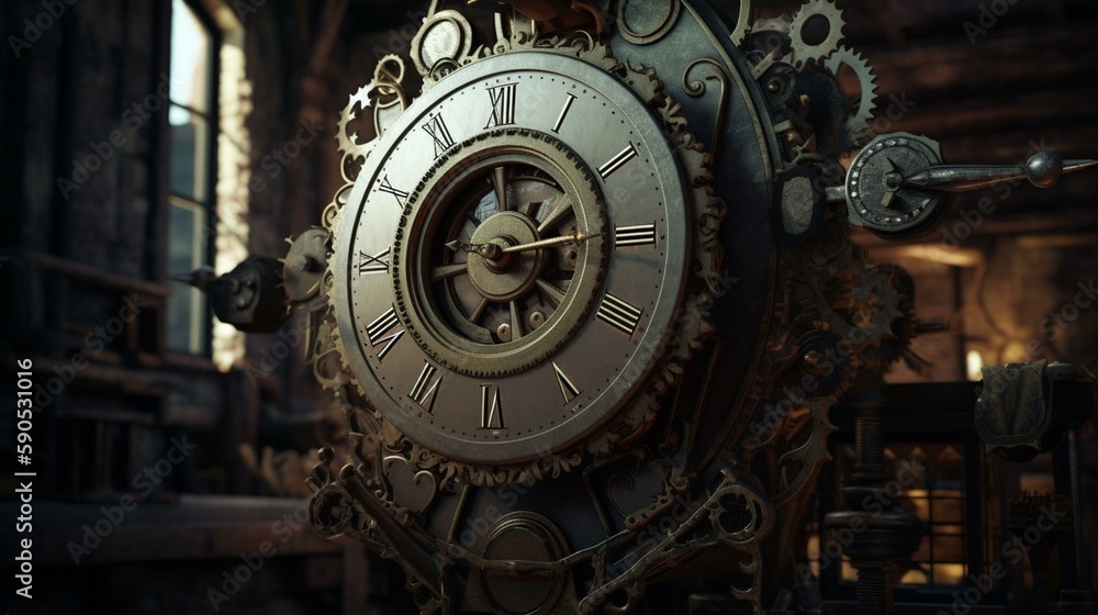 A steampunk clock with gears and cogs that turn and whir, set against a backdrop of a Victorian factory. Generative AI