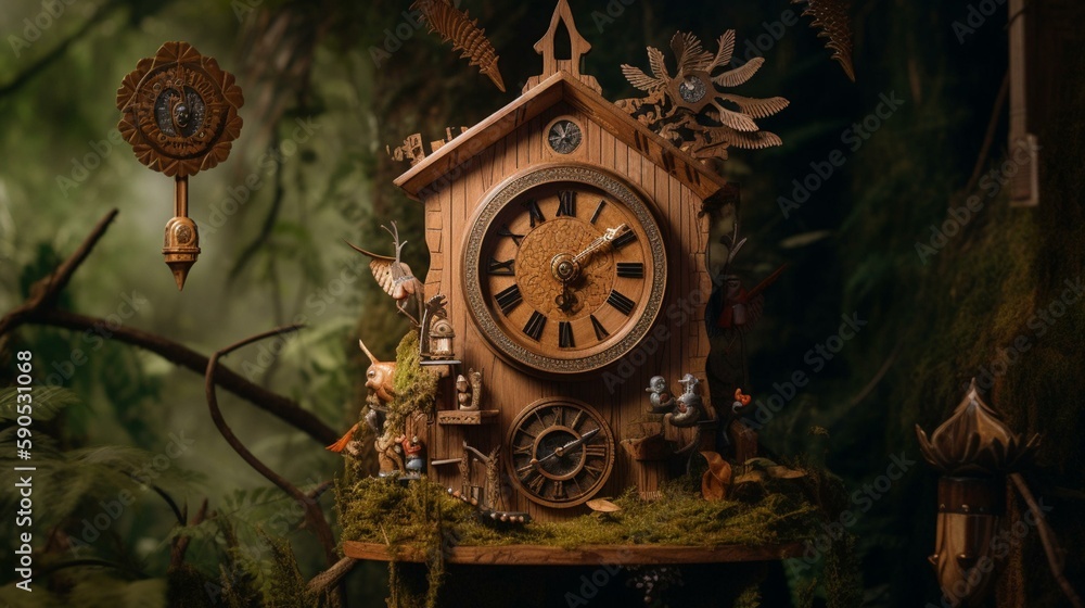 A whimsical cuckoo clock with a playful bird and intricate carvings, set against a backdrop of a fairytale forest. Generative AI