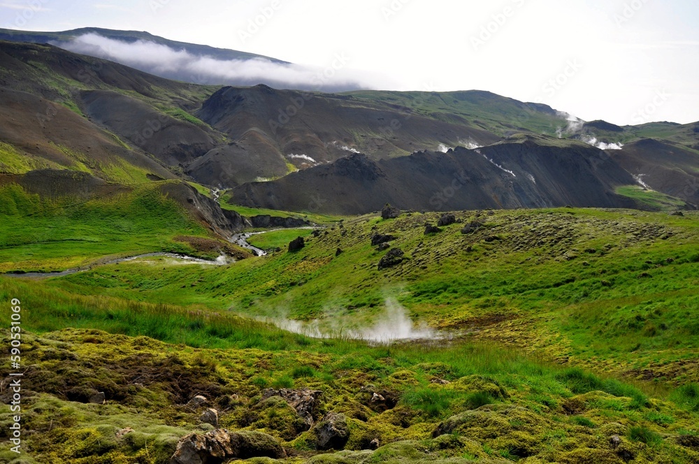 Hveragerdi Hot Spring Area, thermal river. View of the Reykjadalur Valley. Iceland, Europe. 