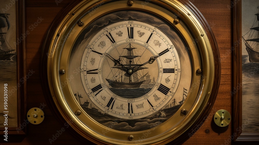 An antique ship's clock with a brass casing and a nautical design, set ...