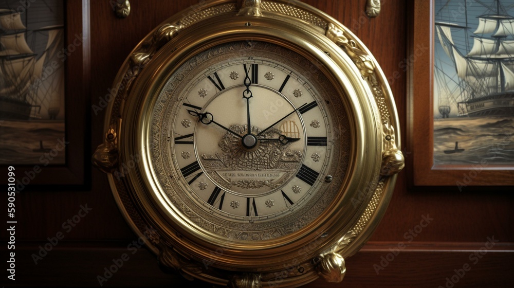 An antique ship's clock with a brass casing and a nautical design, set against a backdrop of a sailing ship on the high seas. Generative AI An antique ship's clock with a brass casing and a nautical design, set against a backdrop of a sailing ship on the high seas. Generative AI