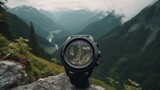 A modern smartwatch with a variety of fitness and health features, set against a backdrop of a scenic hiking trail. Generative AI