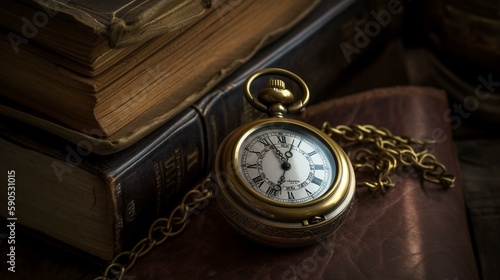 A vintage pocket watch with a leather strap and a brass casing, set against a backdrop of a dusty old bookshop. Generative AI