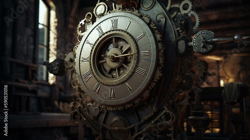 A steampunk clock with gears and cogs that turn and whir, set against a backdrop of a Victorian factory. Generative AI