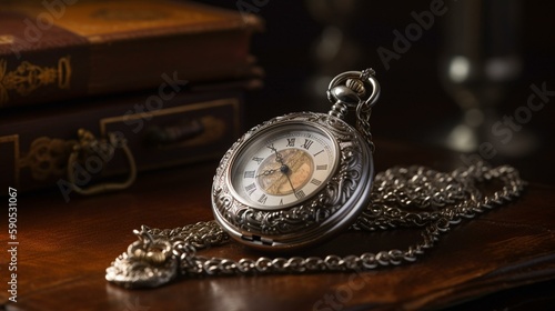 A classic pocket watch with a silver chain and an ornate casing, set against a backdrop of a grand Victorian ballroom. Generative AI