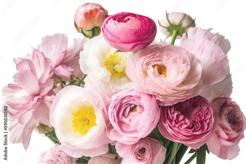 Mothers day, Women' s day. Pink buttercups bouquet isolated on transparent background. PNG, Generative AI