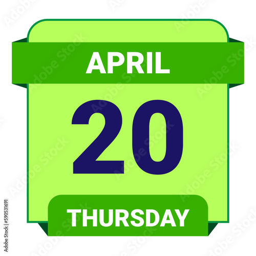 20 April, Thursday. Date template. Useful design for calendar or event promotion. Vector illustration EPS 10 File.