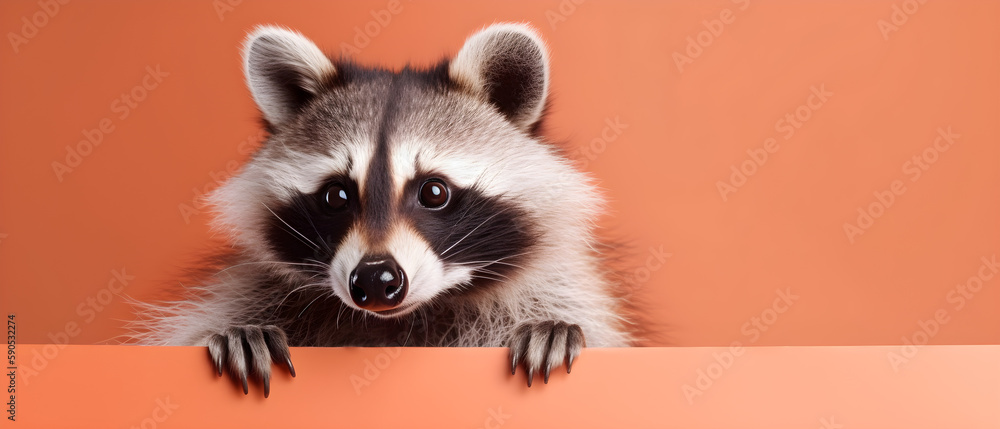 Raccoon on isolated Salmon Pink color background created with Generative AI Technology