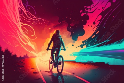 young man riding a bicycle with a colorful energy  digital art style  illustration painting  Generative AI