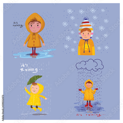 Cute child wear yellow raincoat in the rain background set. Outdoor cartoon icon character raining season hand drawn vector illustration.