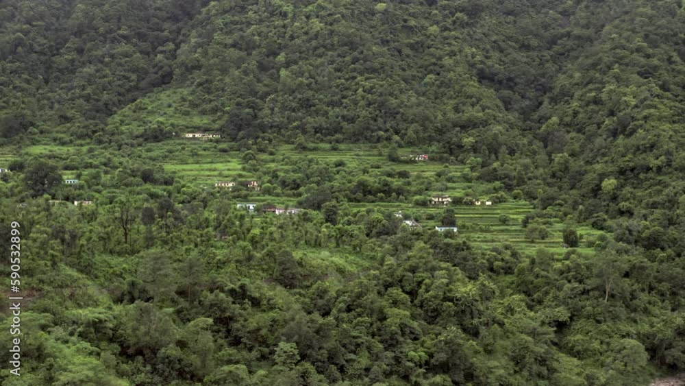 Agricultural terraces and villages in Himalaya, India, Himachal Pradesh, 4k aerial drone view
