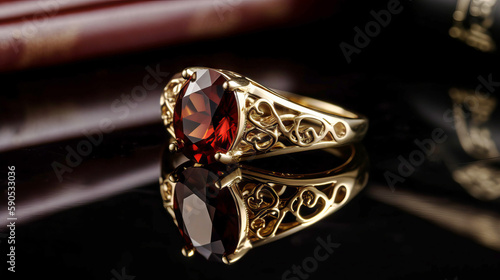 an ring with garnet stone on top. G017# Created with Generative AI 
