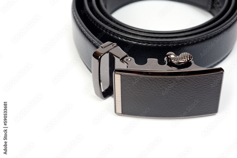 Men's black leather trouser belt with metal clasp. Men's black leather trouser belt with metal clasp.
