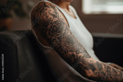woman with tattoo on her arm created with Generative AI technology