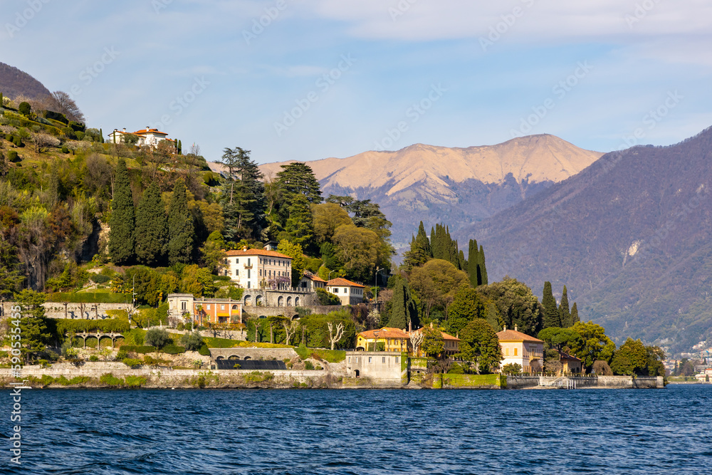 Lago di Como, Lake Como with Palacio's, grand houses in spring