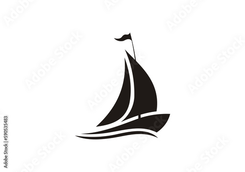 Linear drawing of a sailboat in the waves. illustration of a yacht at sea. Sailboat in the sea logo. Boat with sails on the waves