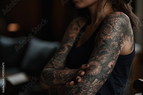 woman with tattoo on her arm created with Generative AI technology