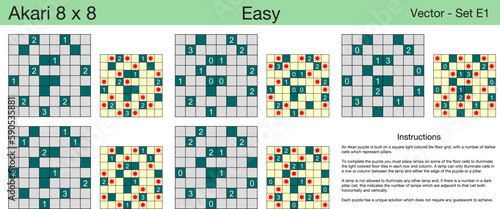 5 Easy Akari 8 x 8 Puzzles. A set of scalable puzzles for kids and adults, which are ready for web use or to be compiled into a standard or large print activity book.