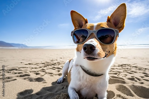 Dog with Sunglasses Striking a Pose, Beach Fashionista (Ai generated) © thesweetsheep