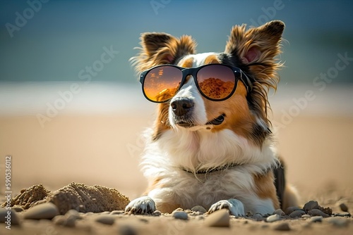 Dog Posing on Beach Wearing Sunglasses, Cool Canine (Ai generated) © thesweetsheep