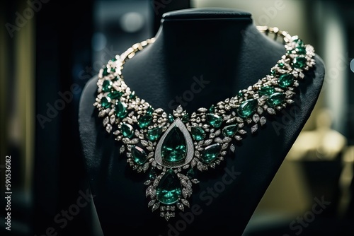 Luxurious Emerald Necklace Jewelry Display on Mannequin (Ai generated)