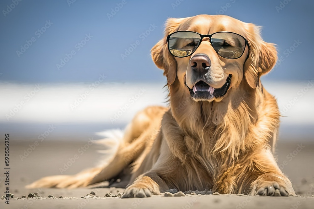 Golden Retriever Beach Fun: Posing in Sunglasses (Ai generated)