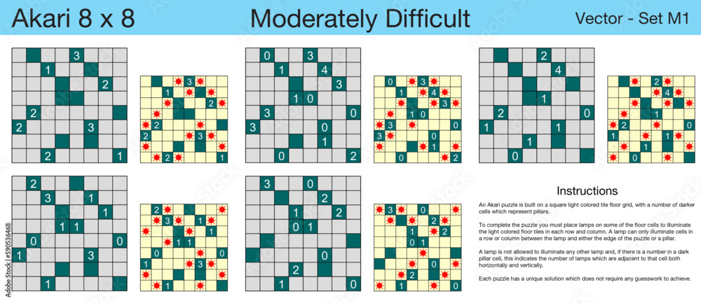 5 Moderately Difficult Akari 8 x 8 Puzzles. A set of scalable puzzles for kids and adults, which are ready for web use or to be compiled into a standard or large print activity book. 5 Moderately Difficult Akari 8 x 8 Puzzles. A set of scalable puzzles for kids and adults, which are ready for web use or to be compiled into a standard or large print activity book.