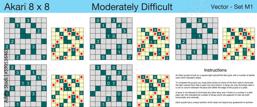 5 Moderately Difficult Akari 8 x 8 Puzzles. A set of scalable puzzles for kids and adults, which are ready for web use or to be compiled into a standard or large print activity book.