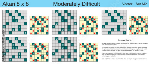 5 Moderately Difficult Akari 8 x 8 Puzzles. A set of scalable puzzles for kids and adults, which are ready for web use or to be compiled into a standard or large print activity book.